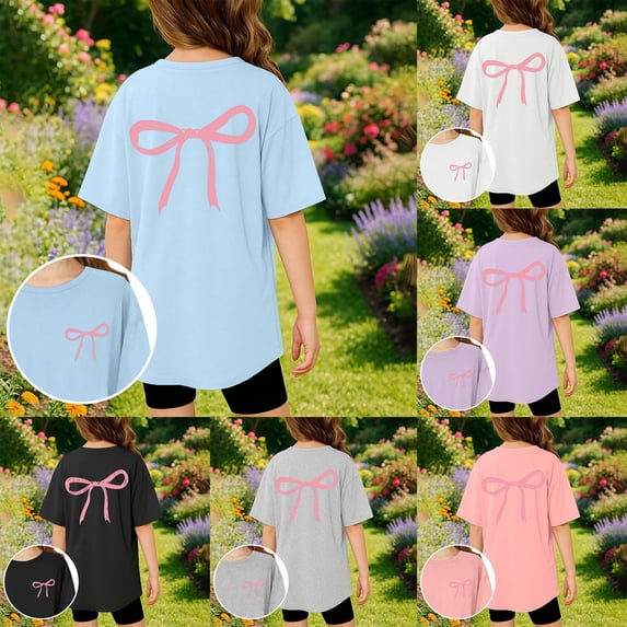 SOFTCCLO Girls T shirts Short Sleeve Crewneck Bow Print Graphic Tees Casual Loose Cute T-Shirts for Girls 3-4Y