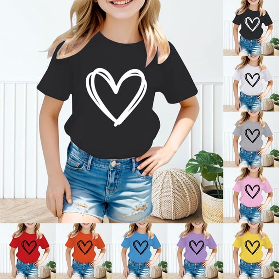 SOFTCCLO Girls T shirts Short Sleeve Crewneck Heart Print Graphic Tees Casual Stylish Everyday Layering T-Shirts for Girls 3-4Y