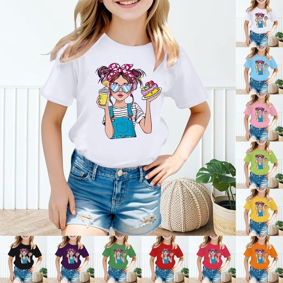 SOFTCCLO Girls Tshirts Short Sleeve Crewneck Graphic Tees Cartoon Print Stylish Casual Undershirt Cute T-Shirts for Girls Size 3-4Y