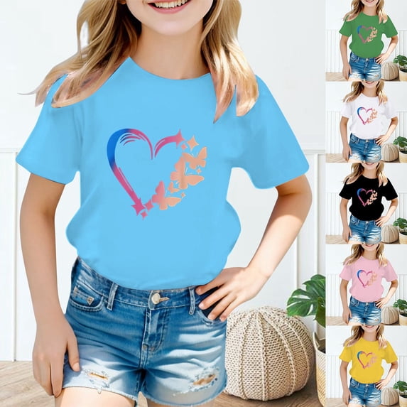 SOFTCCLO Girls Tshirts Short Sleeve Crewneck Graphic Tees Heart Print Stylish Casual Undershirt Summer T-Shirts for Girls Size 3-4Y