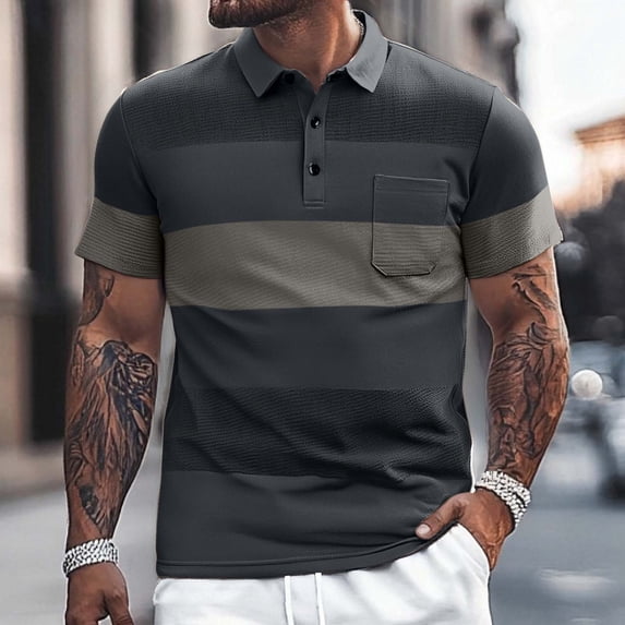 SOFTCCLO Men Polo Shirts Short Sleeve Color Blocked Striped Lapel Button T Shirt Pocket Loose Comfortable Casual Business Polos for Men Grey XL