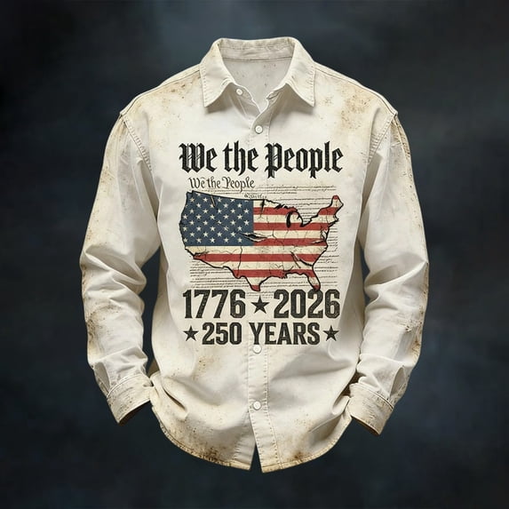 SOFTCCLO Mens 250 Anniversary USA Shirt Long Sleeve Patriotic Button Down Tee 4th of July Casual Shirts for Men Beige S