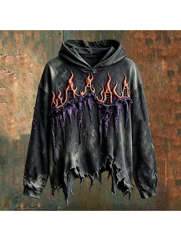Mens Graphic Hoodies Tassel Flame Print Irregular Hem Hooded Sweatshirts Streetwear Hoodies for Men Black L