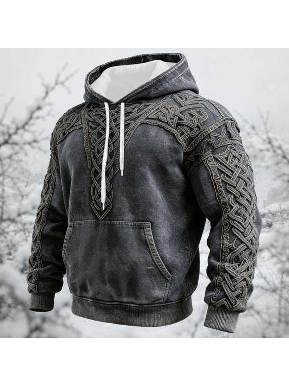 Mens Graphic Hoodies Viking Norse Mythology Retro Print Hooded Sweatshirts Drawstring Streetwear Hoodies for Men Grey L