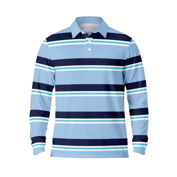 SOFTCCLO Mens Polo Shirts Long Sleeve Striped Button Down Collared Golf Shirt Pullover Casual Breathable Comfortable T Shirts for Man Light Blue L