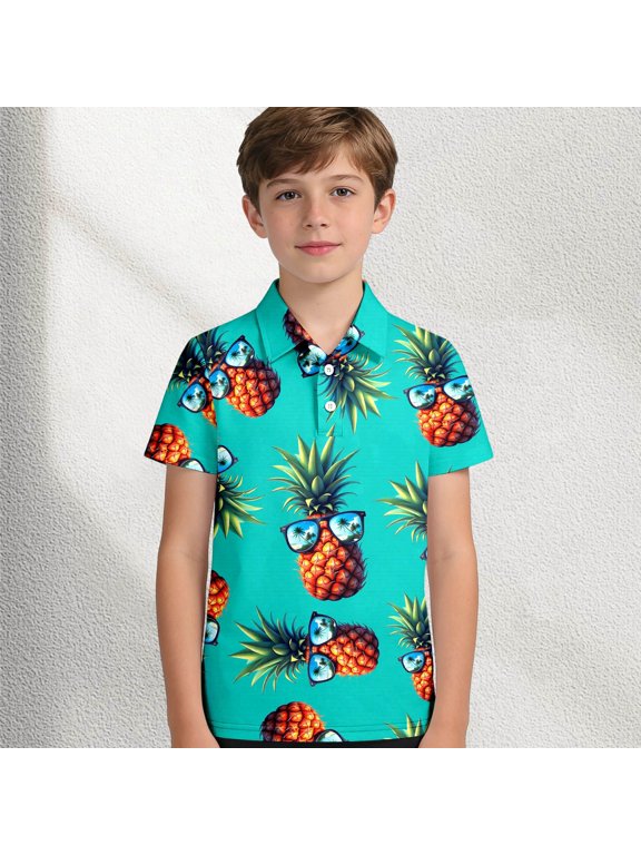 Polo Shirts for Boys Short Sleeve Lapel Collar Graphic Tees Pineapple Print Gentleman Style Casual Kids Polos Size 3-4Y
