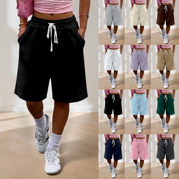 SOFTCCLO Running Shorts for Women Solid Elastic Waist Sweat Shorts Workout Pocket 5 Inch Womens Shorts Beige L