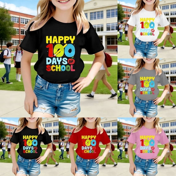 SOFTCCLO School Uniform for Girls Short Sleeve Graphic Tees Back to School Letter Print Crewneck Casual Style T-Shirts for Girls 2-3Y