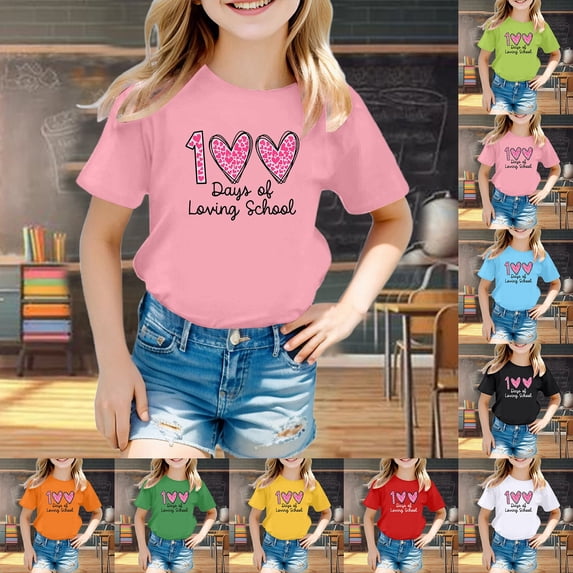 SOFTCCLO School Uniform for Girls Short Sleeve Graphic Tees Back to School Themed Print Crewneck Stylish Casual Loose T-Shirts for Girls 3-4Y