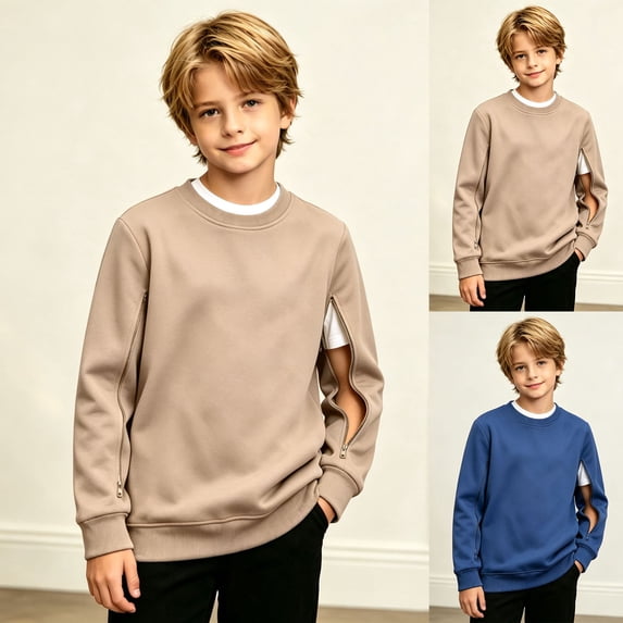 SOFTCCLO Sweatshirts for Boys Solid Color Zip Sleeve Crewneck Pullover Top Pocket Casual Boys Sweatshirts Size 3-4Y