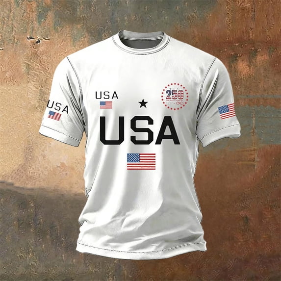 SOFTCCLO USA 250th Anniversary Shirt Men Short Sleeve Crewneck Patriotic Graphic Tee Stylish Summer Casual Fashionable Top White L