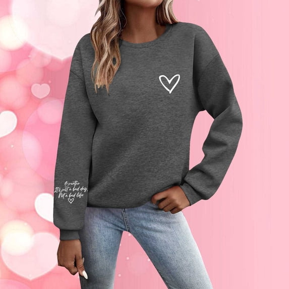 SOFTCCLO Valentines Day Sweatshirts for Women 2026 Funny Love Heart Graphic Crewneck Pullover Cute Holiday Long Sleeve Tops Grey S