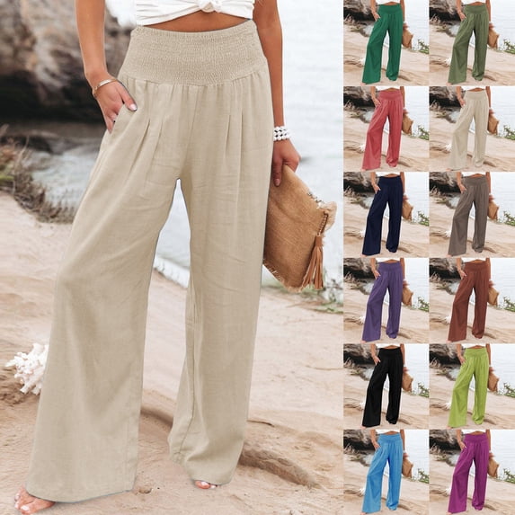 SOFTCCLO Wide Leg Pants for Women Solid Stretch High Waist Loose Trousers Casual with Pockets Long Womens Pants Beige L