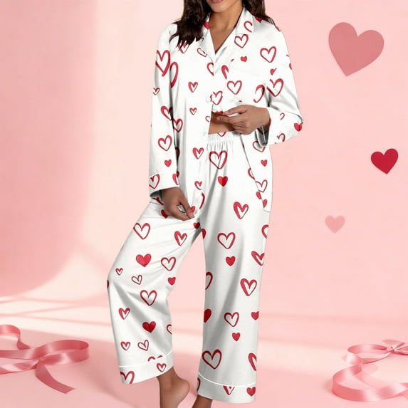 SOFTCCLO Womens Silk Satin Pajamas Set Casual Long Sleeve Button Down Sleepwear 2 Piece Lounge Set Pj Set Loungewear Red M