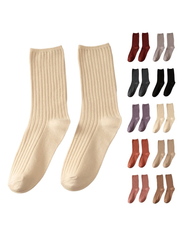 Womens Socks Cotton Double Needle Slouch Crew Socks Solid Retro Fashion Casual Soft Crew Socks for Women Beige One Size
