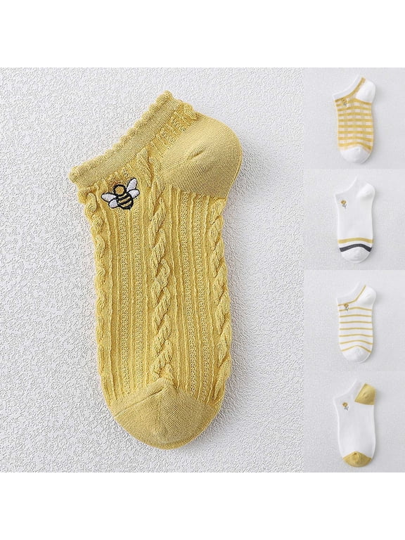 Womens Socks Yellow Bee Embroidery Plaid Cotton Summer Boat Socks Cute Casual Ankle Socks for Women Light Yellow4 One Size