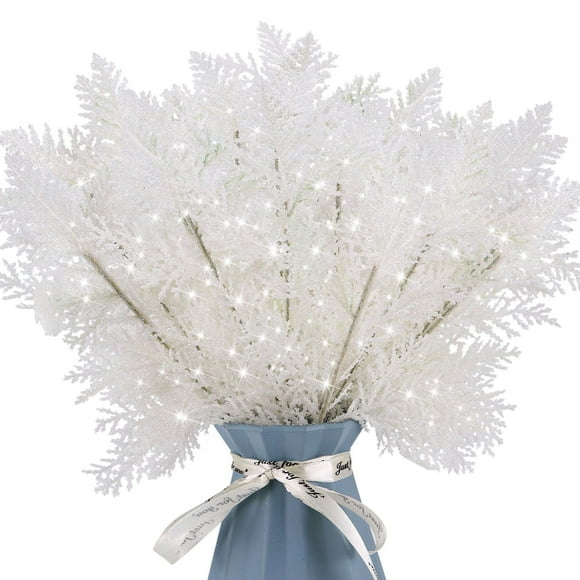 SOFTGAS 20 Pcs Christmas Tree Picks Sprays 10.4" Glitter Artificial Pine Needles Branches Twigs Fake Pine Stems Picks for Xmas Tree Holiday Arrangement Crafts DIY Garland Wreath Home Decor (White)