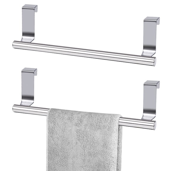 SOFTGAS Over Cabinet Towel Holder, Stainless Steel Cabinet Door Towel Bar Rack Holders Fit on Over Cabinet Cupboard Doors, Kitchen, 2 Pack (14 inch Silver)