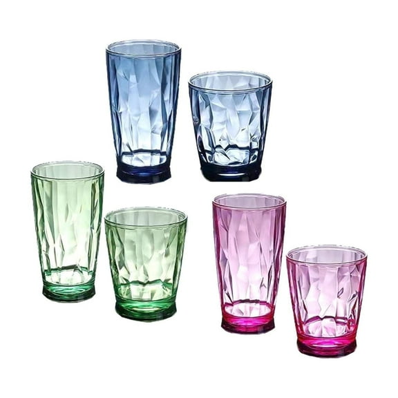 SOFTGAS Set of 6 Plastic Drinking Glasses 16 Oz and 10 Oz Reusable Plastic Tumblers Acrylic Tall and Short Unbreakable Water Cups for Indoor Outdoor Home Picnic Party(Blue, Green, Purple)
