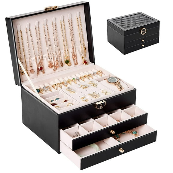 SOFTGAS Vintage Jewelry Organizer Box for Ring and Necklace, Large PU Leather Earring Organizer Holder of the drawer for Christmas Birthday Valentine Gift -Black
