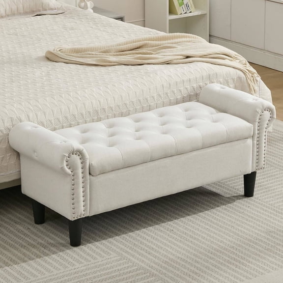 SOFTHION Storage , 50" Queen End of Bed , Linen Tufted Button Upholstered Bedroom , Storage Ottoman with Rolled Arms, Window with Storage, for Living Room, Entryway Beige