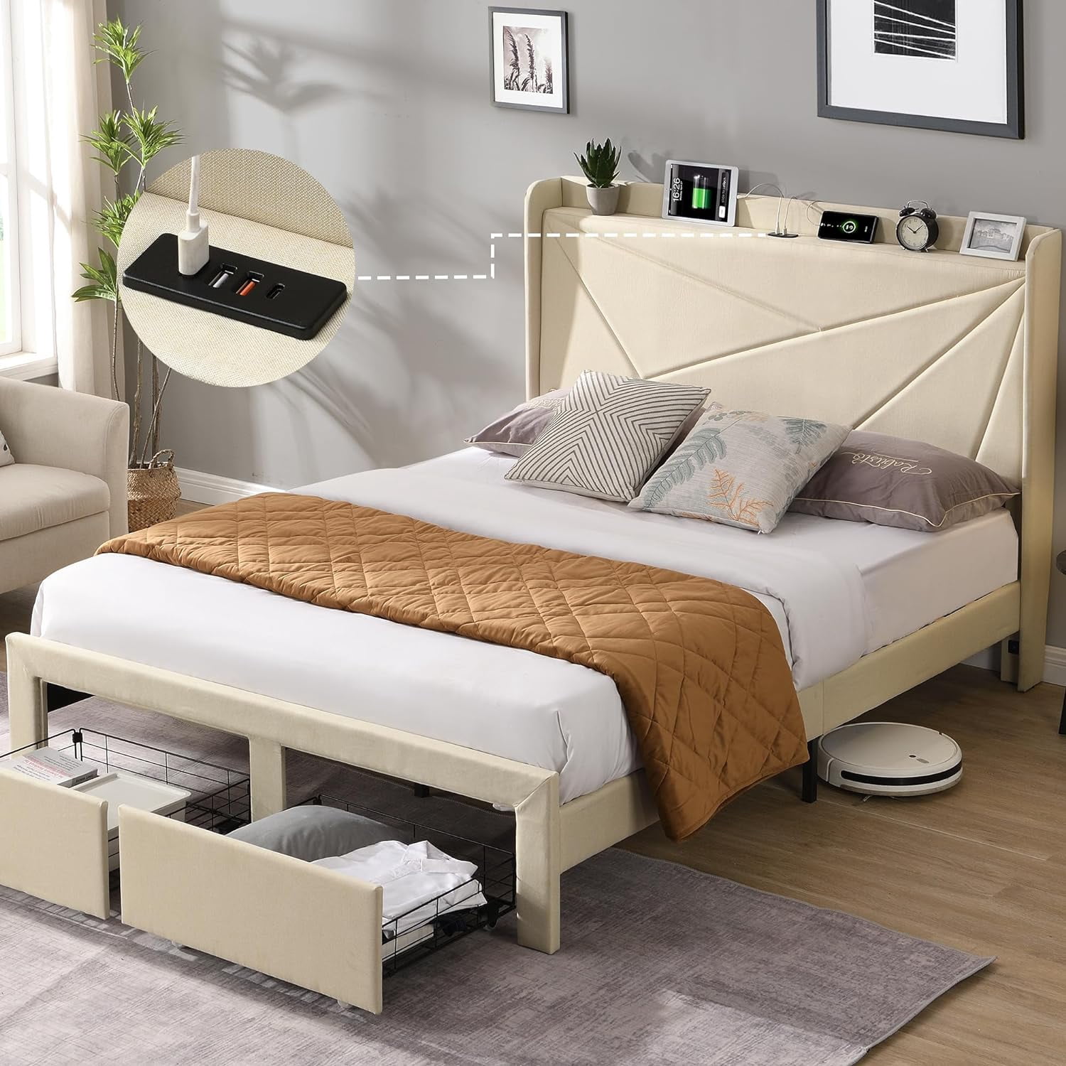 SOFTSEA Full Size Bed Frame with 2 Storage Drawers, Upholstered Bed ...