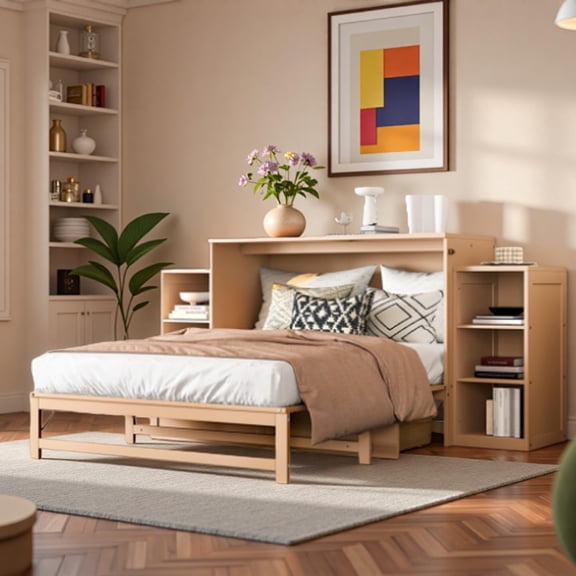 SOFTSEA Full Size Murphy Bed with Storage Drawers and Shelves, Modern Folding Cabinet Wall Bed Frame for Guest Bedroom, Living Room, Office, Golden