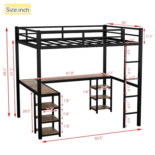 SOFTSEA Full XL Size Loft Bed with Desk and Open Storage Shelves, L Shaped Metal Loft Bed Frame with Ladder and Guardrails for Adults Teens, No Box Spring Needed, Easy Assembly, Black