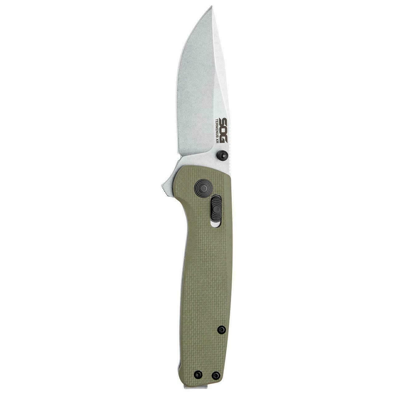 SOG Terminus XR Pocket Knife 3" Drop Point D2 Stonewashed Blade G-10 Handle OD Green