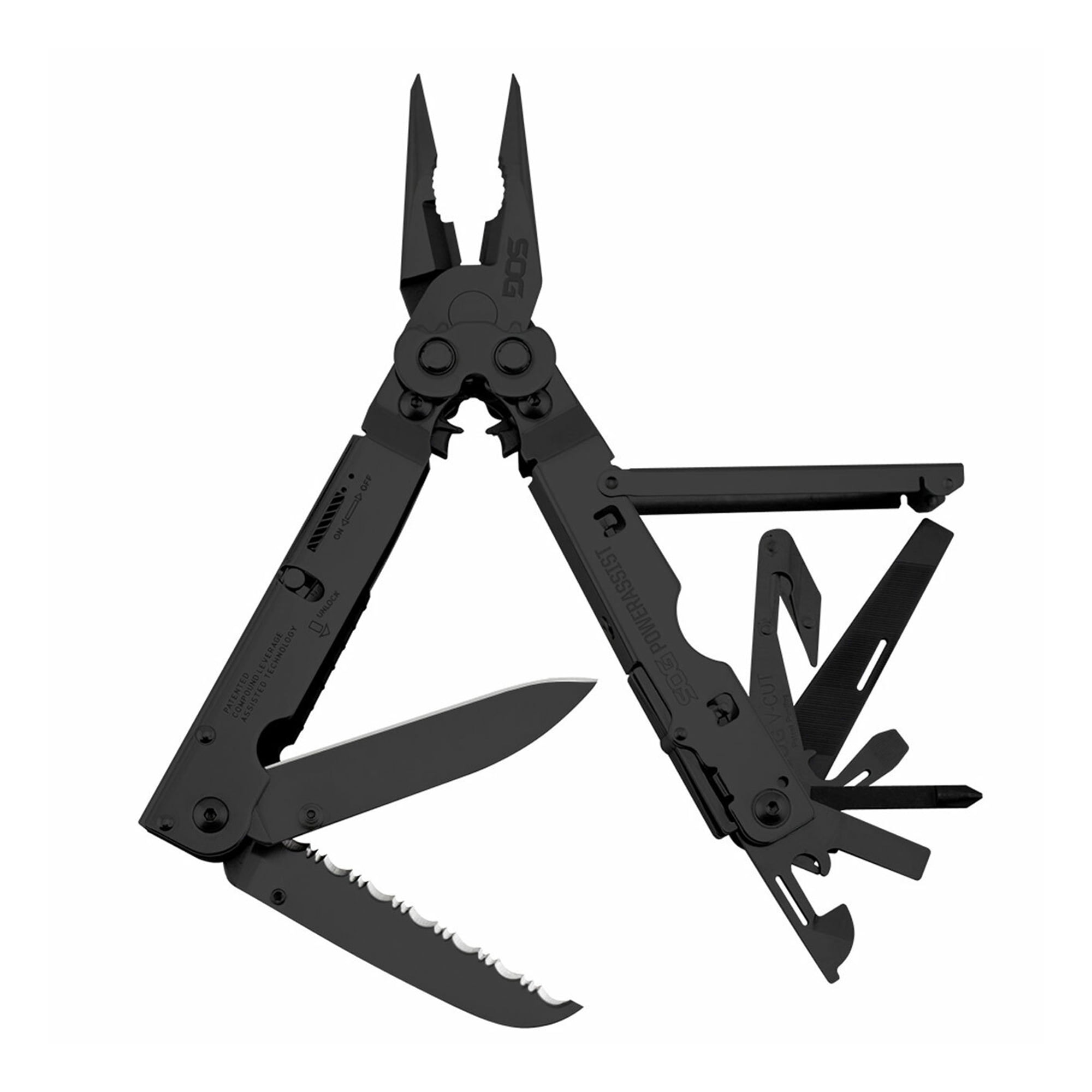 SOG PowerAssist Stainless Steel Folding Knife 16 Tool Multi Tool, Black