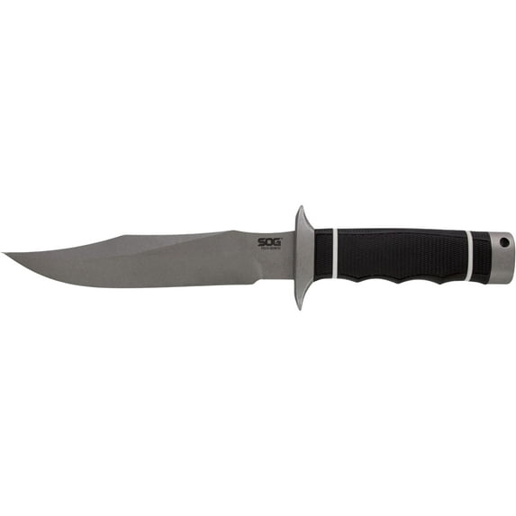 SOG Tech Bowie Fixed Blade Knife 6.4" Clip Point AUS-8 Stonewashed Blade Kraton Handle Black