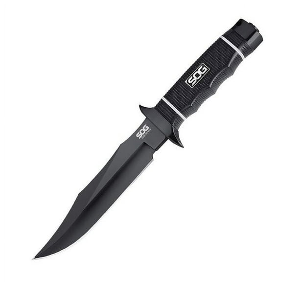 SOG Tech Bowie Fixed Blade Knife 6.4" Clip Point AUS-8 Titanium Nitride Blade Kraton Handle Black