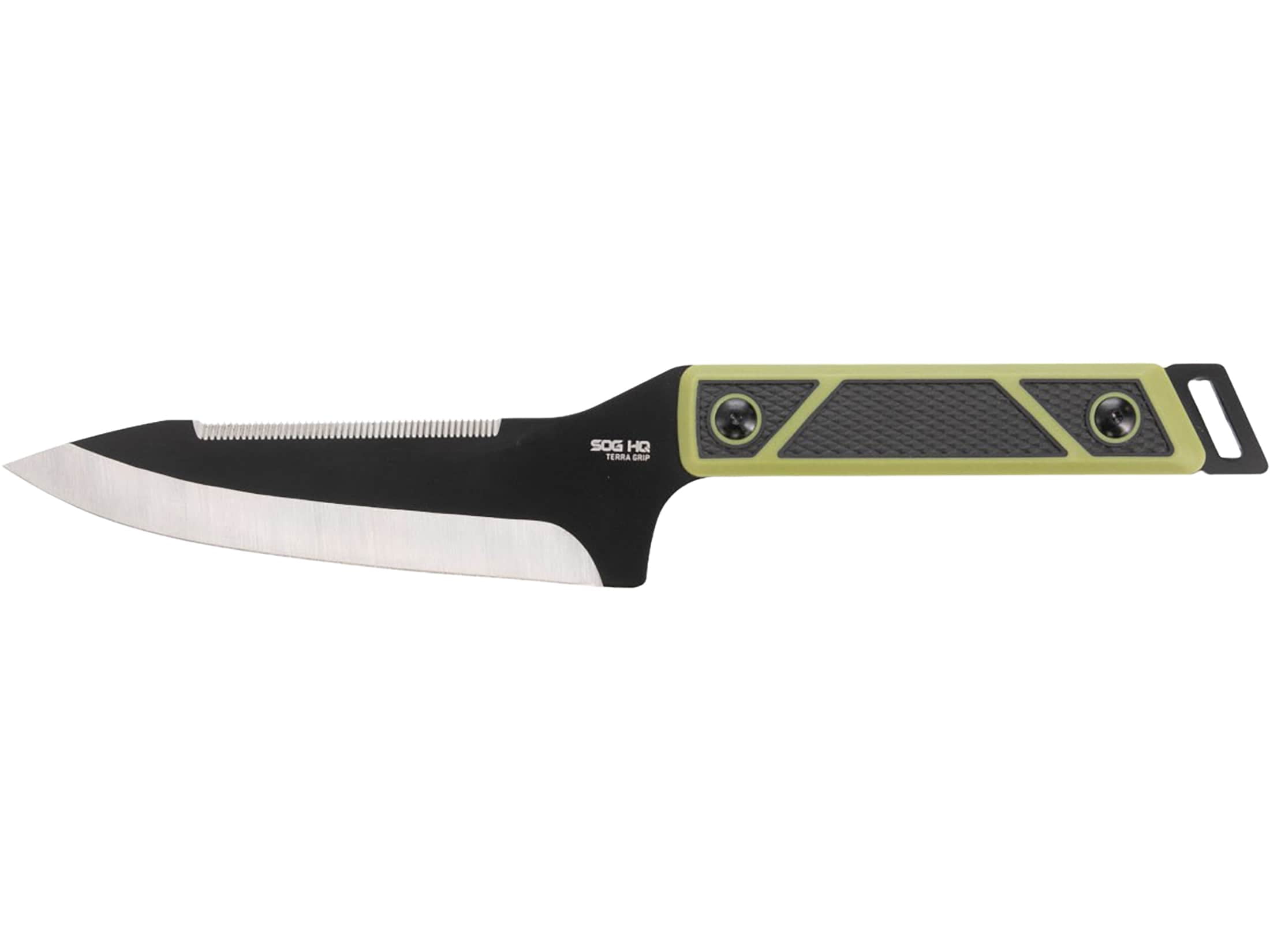 SOG Terragrip Fixed Blade Knife 6.7" Spine Serrated Drop Point 420 Black Blade TPR Overmold Handle Black/Green