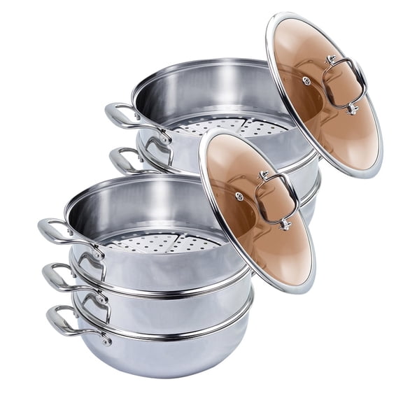 SOGA 2X 3 Tier 11.81 in Heavy Duty Stainless Steel Food Steamer Vegetable Pot Stackable Pan Insert with Glass Lid