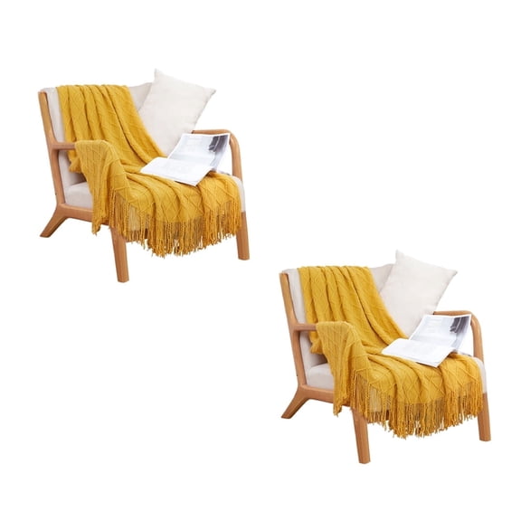 SOGA 2-Pack 51.2 59.1in Yellow Diamond Knitted Throw Blanket Warm Cozy Woven Couch and Bed Cover with Tassels