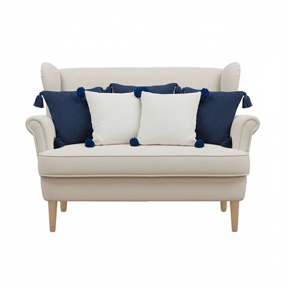 SOGA 5PC 17.7in Chunky Knit Navy Blue & Cream Ribbed Knit Pom-Pom Pillow Covers for Sofa