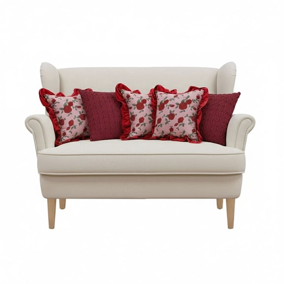 SOGA 5PC Rose Garden Pillow Covers with Burgundy Ruffle & Deep Red Cable Knit Set for Sofa Dcor