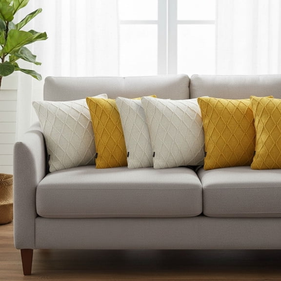 SOGA 6PC 17.7in Cream & Sunshine Yellow Cable Knit Diamond Decorative Pillowcase Set
