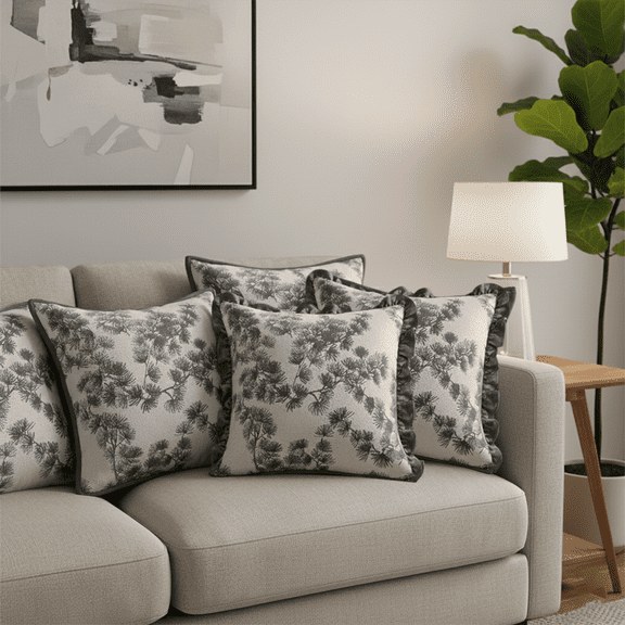 SOGA 6PC 45cm Gray Floral Pillowcase Set with Ruffle Trim & Dark Gray Design  Decorative pillow Covers