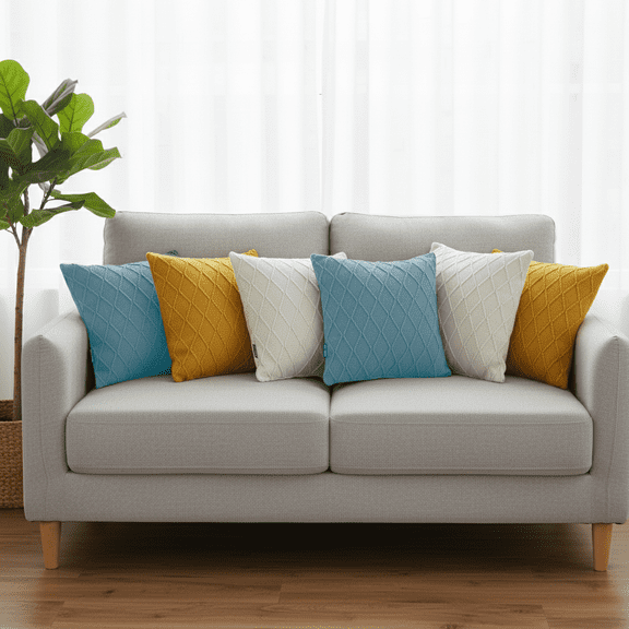 SOGA 6PC 45cm Pillow Cover Set  2 Sunshine Yellow, 2 Sky Blue & 2 Cream Cable Knit Diamond Pillowcases