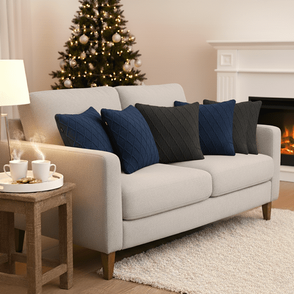 SOGA 6PC 45cm Pillow Cover Set 3 Charcoal Grey Cable Knit & 3 Navy Blue Diamond Knit Covers