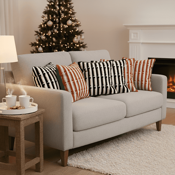 SOGA 6PC 17.7in Rust Orange & Off-White Stripe and Black & White Tufted Stripe Pillow Covers Decorative Set