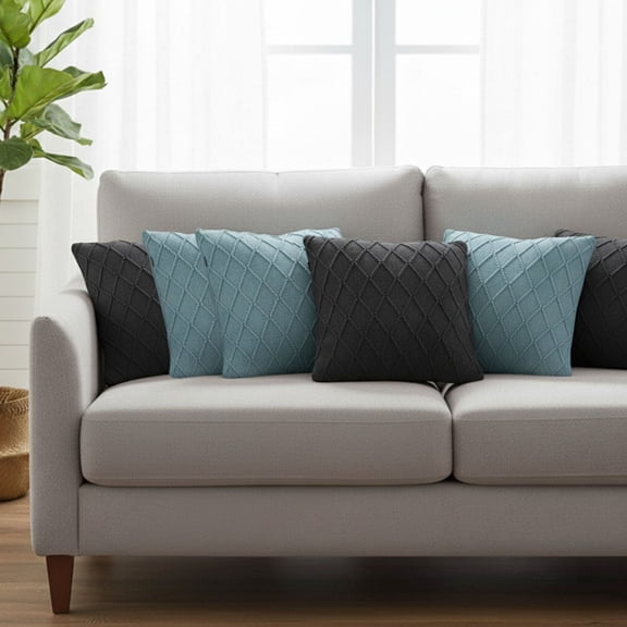 SOGA 6PC 45cm Sky Blue & Charcoal Grey Cable Knit Diamond Decorative Pillowcase Set