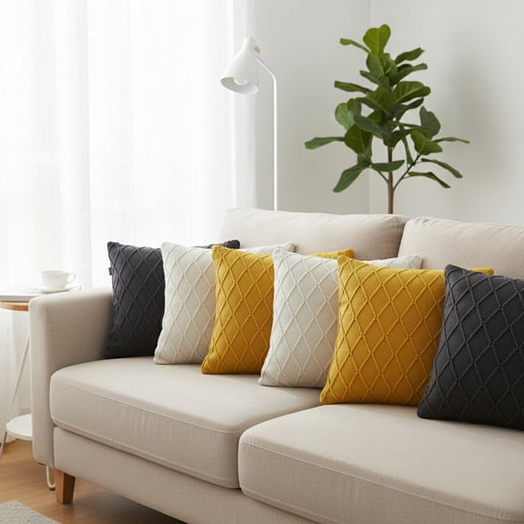 SOGA 6PC 17.7in Sunshine Yellow, Cream & Charcoal Grey Cable Knit Decorative Pillow Set