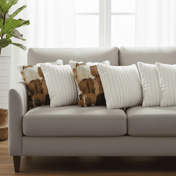 SOGA 6PC Luxury Cover Set  2 Cowhide Patchwork & 4 Elegant White Textured Decorative Pillowcases