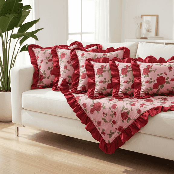 SOGA 6PC Rose Pillow Cover Set  Red Ruffle, Burgundy Ruffle Decorative Pillow Covers