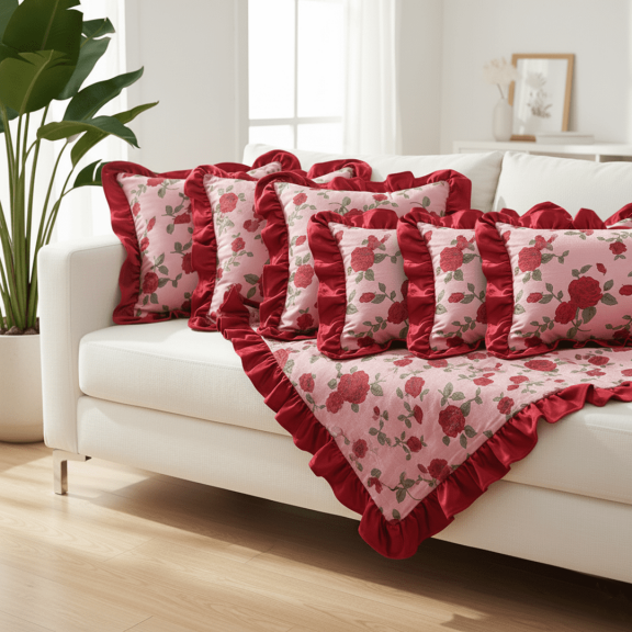 SOGA 6PC Rose Pillow Cover Set 2x 30x50cm Red Ruffle, 4x 45cm Burgundy Ruffle Decorative Pillow Covers