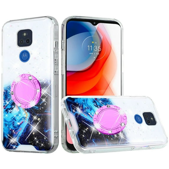 SOGA Bling Glitter Cover Compatible for Motorola Moto G Play 2021 Case, with Kickstand Ring for Magnetic Car Mounts, Lanyard Strap - Blue Galaxy