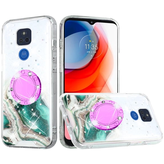 SOGA Bling Glitter Cover Compatible for Motorola Moto G Play 2021 Case, with Kickstand Ring for Magnetic Car Mounts, Lanyard Strap - Green Galaxy