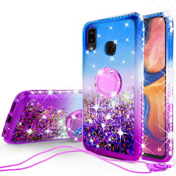 SOGA Cover Compatible for Samsung Galaxy A20 Case, Galaxy A30 Case, Galaxy A50 Case, Liquid Floating Quicksand Case with Diamond Ring Stand for Magnetic Car Mount - Purple on Blue